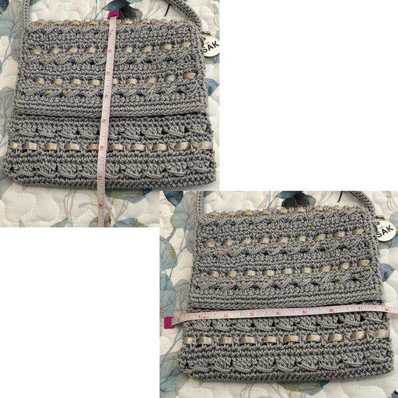 Like New The SAK Crochet Crossbody with Satin Ribbon Silver Grey Flap/Zipper - Picture 12 of 14